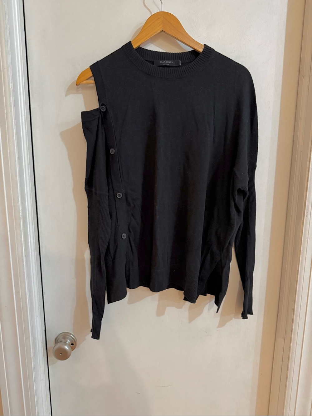 All Saints Black Asymmetric One-Open Shoulder Button-Detail Sweater